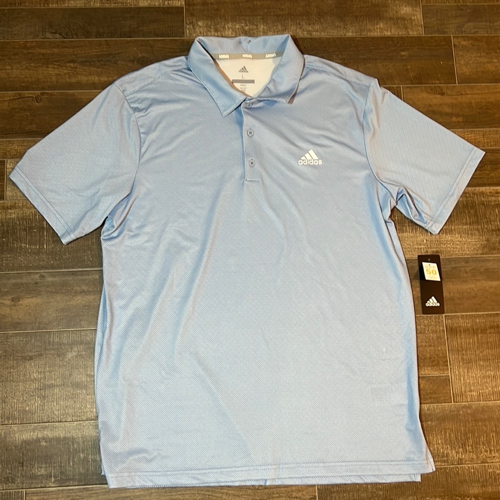 Adidas Golf Men Polo Shirt LARGE With UPF 50 Glow Blue Dot Print NEW WITH TAGS